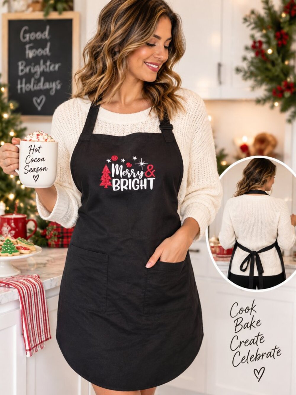 Merry & Bright Christmas Apron Black Cotton Holiday Cooking Baking One Size